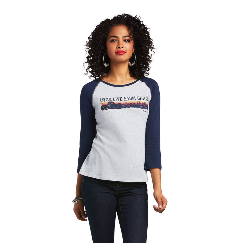 Camisetas Ariat Real Long Live Baseball Gris/Azul Marino Mujer - Chile 304-EFOAVM